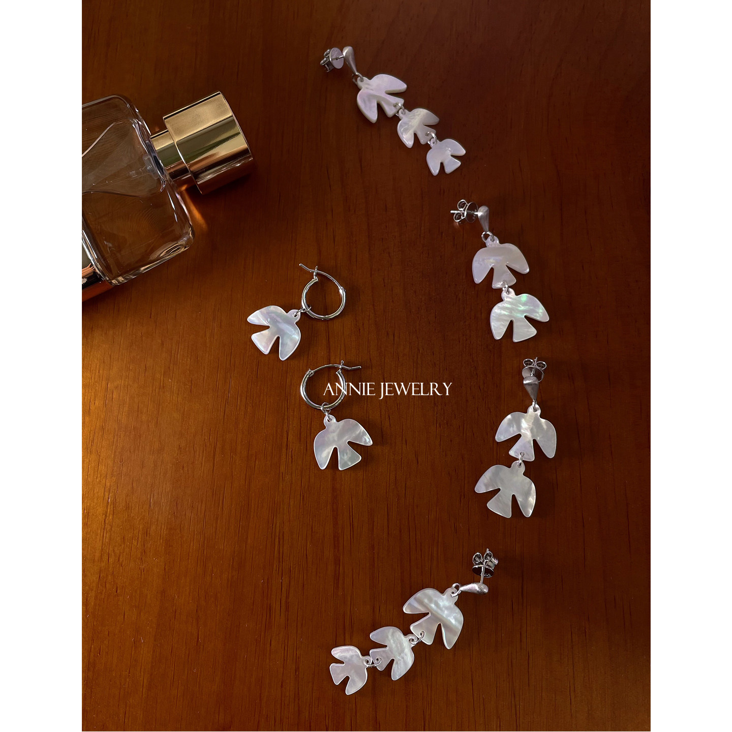 Annie Jewelry 纯洁之美 925银白贝母拉丝工艺和平鸽飞鸟耳环三款