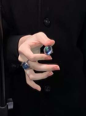 神秘贵气海蓝宝石戒指女款复古民族风招财新中式食指戒高颜值显白