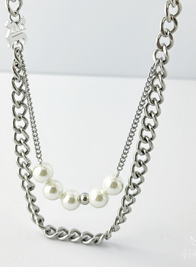 不掉色钛钢拼接珍珠项链男轻奢高级感小众穿搭配饰潮流锁骨链百搭