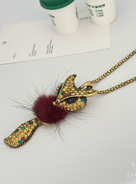 毛球彩钻小狐狸项链女长款毛衣链