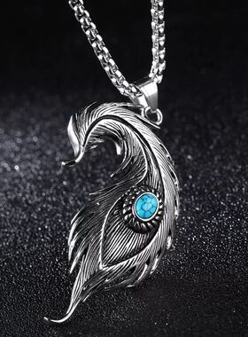 超大羽毛吊坠钛钢项链男潮民族风