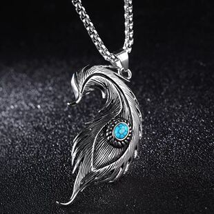 欧美个性摇滚民族风羽毛吊坠钛钢男士项链男生饰品潮男链子不掉色