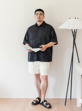 GEEEKPANDA加肥加大男装大码翻领中国风提花短袖时尚宽松衬衫9156