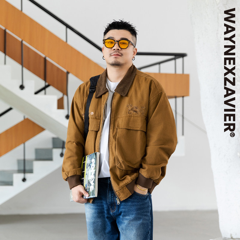 GEEEKPANDA大码美式复古飞行员夹克男春秋季宽松翻领工装外套8576