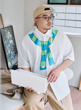 GEEEKPANDA加大宽松大码男夏翻领趣味减龄印花假两件短袖衬衫9397