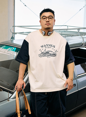 250gGEEEKPANDA加大宽松大码男夏圆领复古印花撞色拼接T恤9366