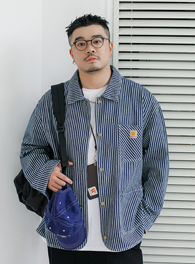 GEEEKPANDA大码条纹牛仔衬衫外套男秋季宽松citywalk显瘦夹克8893
