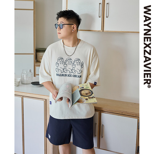 GEEEKPANDA 210g宽松大码男夏圆领原创复古卡通印花休闲T恤9480