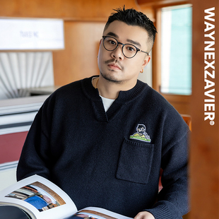 GEEEKPANDA加肥加大宽松大码冬男V领卡通绣花叠穿文艺毛衣9322