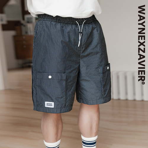 GEEEKPANDA宽松松紧腰格子短裤