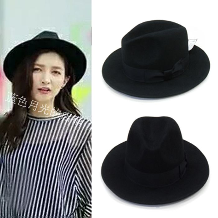 江疏影同款黑色毛呢平沿礼帽大檐