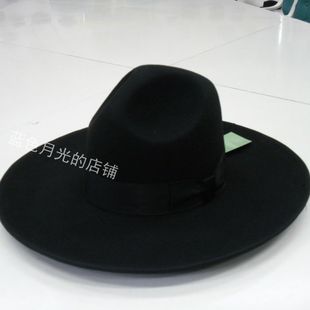 2025新品促销犹太帽黑色男女士大檐礼帽羊毛呢帽子超大帽檐宽12CM