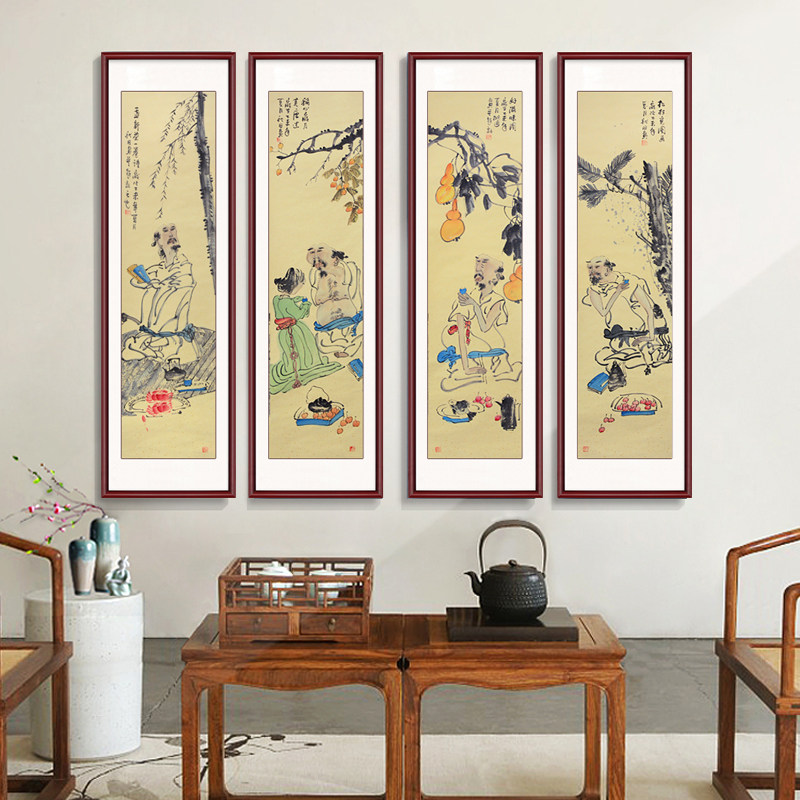 四条屏茶室中堂风沙发禅意国画