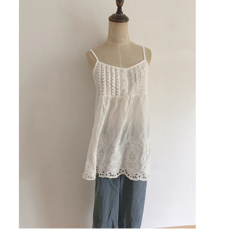 薄款纯棉棉布蕾丝花边中长款吊带少女叠穿背心甜美全棉刺绣打底衫