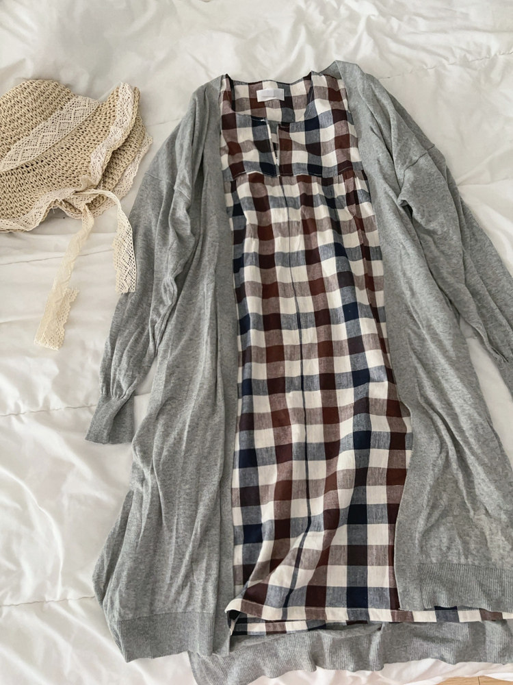 纯棉棉布日系文艺格子裙森系复古连衣裙 短袖睡裙宽松家居裙女夏