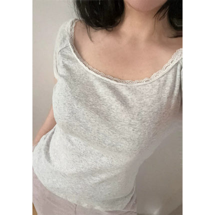 纯棉芭蕾风蕾丝花边短袖T恤一字肩少女全棉上衣短款打底衫夏季女