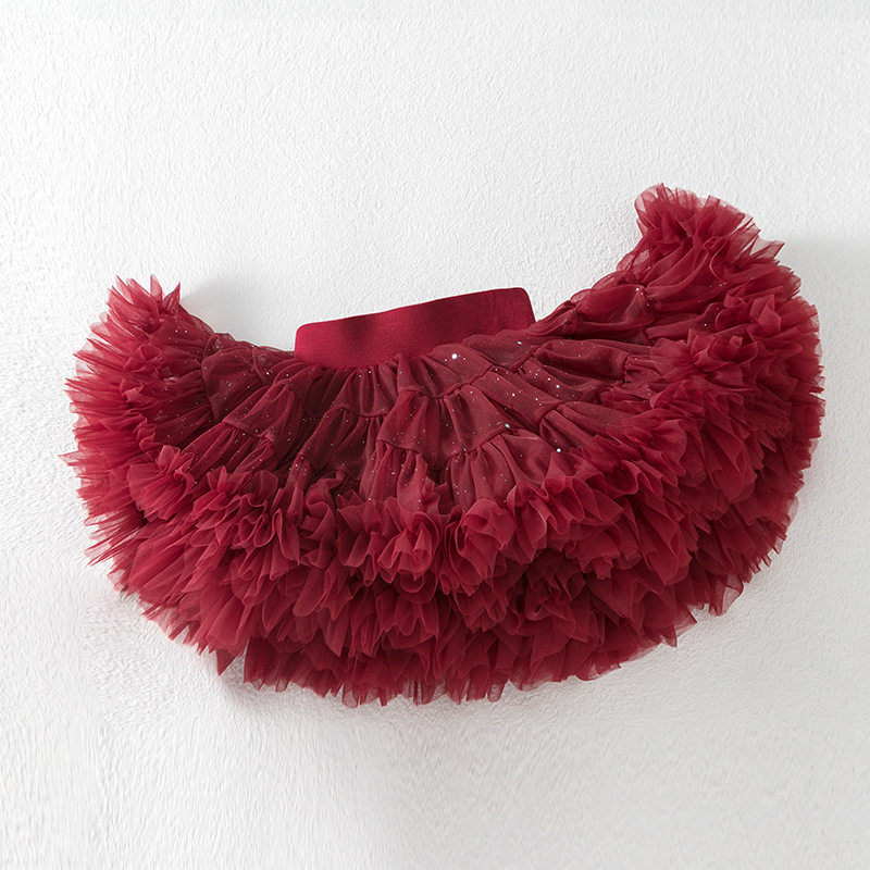 酒红色女童半身裙蛋糕裙公主秋冬季短裙网纱蓬蓬裙tutu过年拜年服