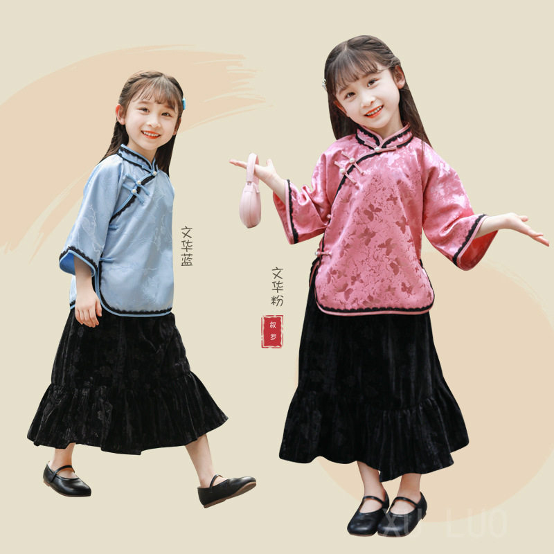 儿童改良汉服旗袍秋新款女童民国风古风唐装中式两件套洋气公主裙