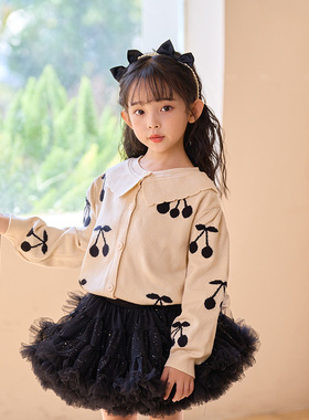 女童针织开衫长袖毛衣2025春秋上衣套装甜美两件套黑色亮片蓬蓬裙