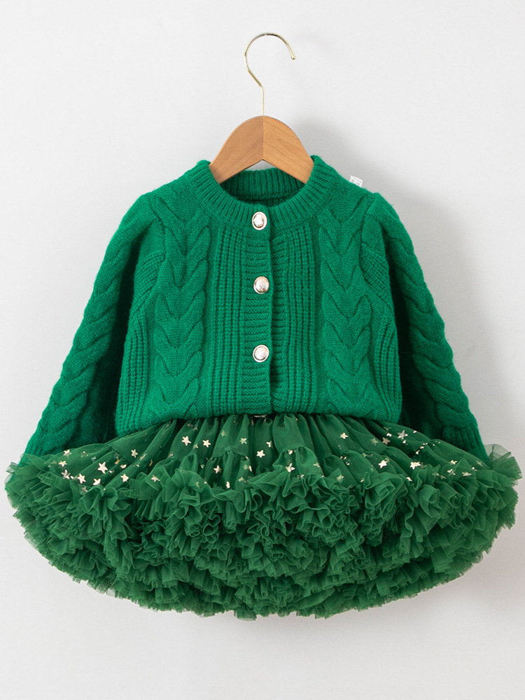 女宝宝绿色红色圣诞节幼儿园演出服长袖套装加厚毛衣配tutu蓬蓬裙