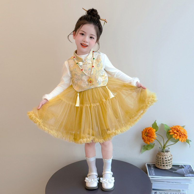 女童春秋新中式马甲连衣裙套装2026春季新款小女孩洋气网纱公主裙