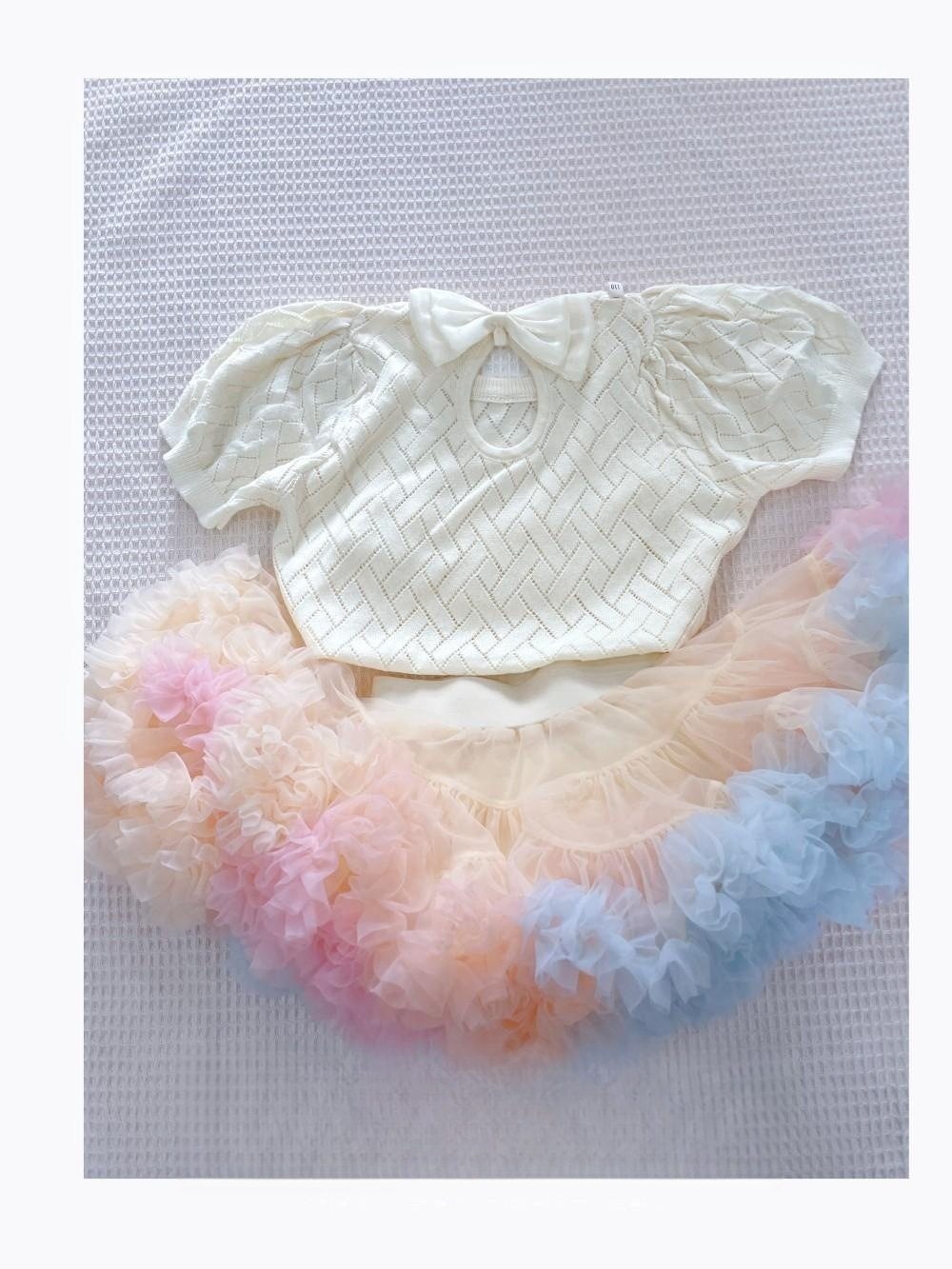 夏装T恤短袖儿童冰丝针织薄款蝴蝶结镂空泡泡袖女宝 配tutu裙上衣