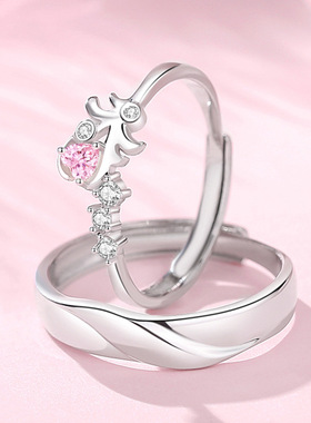 原创设计羽毛情侣戒指925银小众粉色爱心锆石对戒几何不规则指环