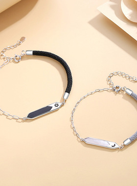 原创设计日月情侣手链纯银925夏季简约几何小众珐琅编织手绳饰品