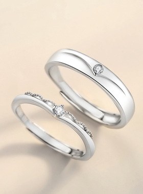 新款骑士与公主情侣对戒s925纯银时尚通勤白金微镶素圈戒指简约风
