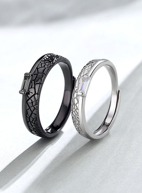 原创青丝白发情侣对戒菱形纹理黑白戒指个性潮流ins小众设计指环