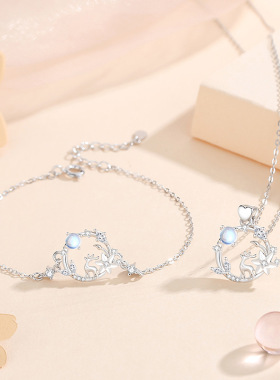 原创逐鹿仙踪手链女925纯银韩版森系ins风麋鹿手环月光石手饰发