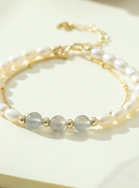 原创月光石珍珠手链925女纯银网红新中式ins小香风手串级感手饰