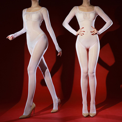 胸无缝一字肩油光连身袜超薄