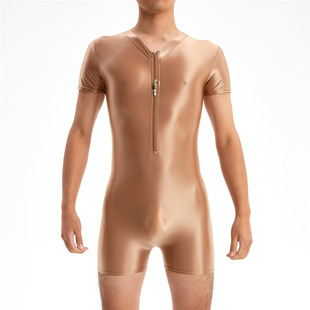 胸前拉链薄款男光泽布连体衣塑身短袖油光紧身衣丝滑连身平角短裤