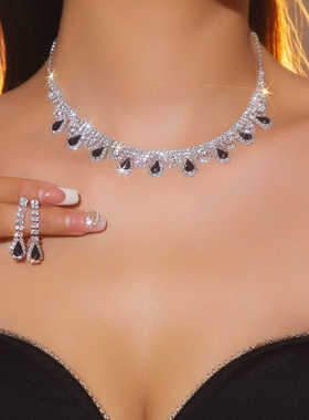 施家奢华满钻水滴形耳环项链两件