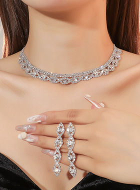 欧美奢华几何镂空超闪水钻项链耳环套装女 气质时尚锁骨链饰品