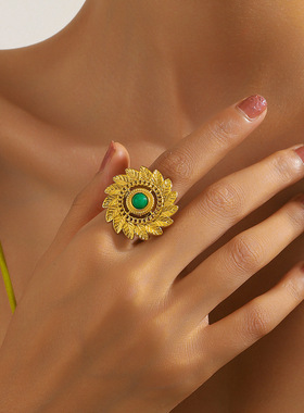 太阳花天然石戒指开口时尚百搭