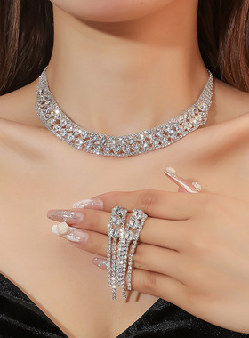 DINGKA时尚气质奢华满钻项链耳环两件套女 Necklace Earring Sets