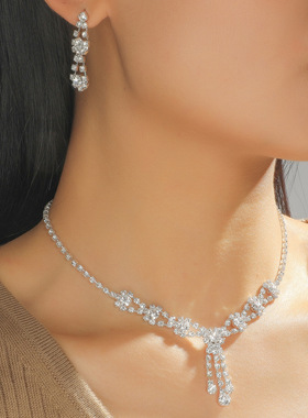 DINGKA 奢华新娘项链耳环两件套 婚礼晚会配饰气质水钻首饰套装