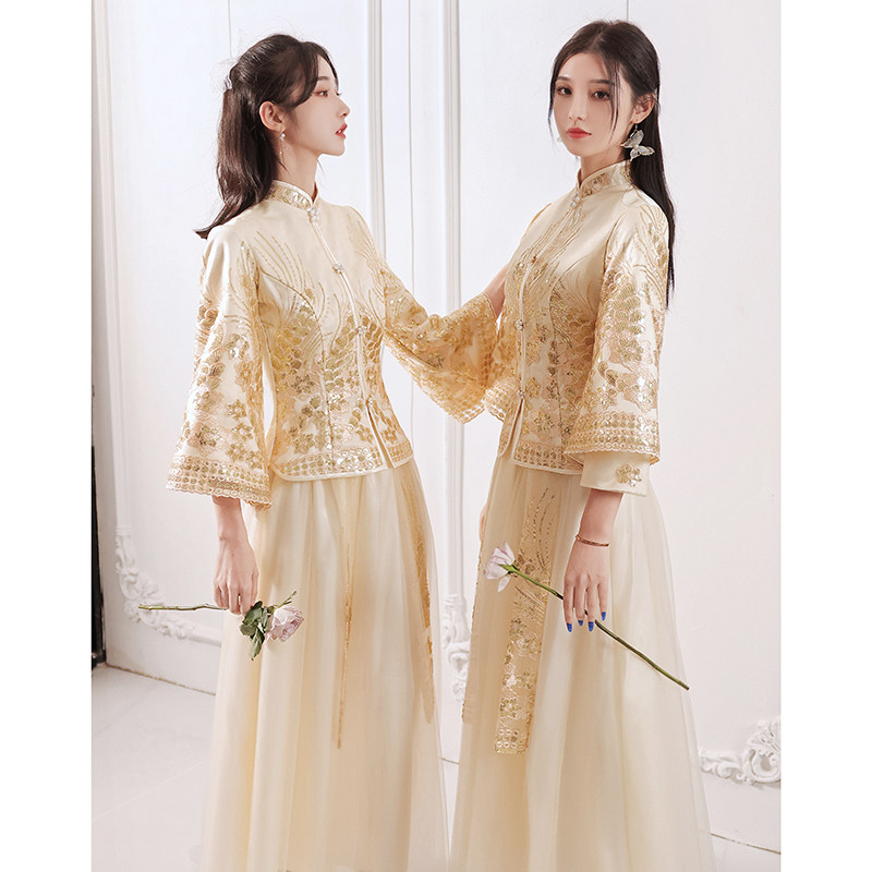 中式婚礼伴娘服中国风2023年新款长款姐妹裙旗袍秋季长袖秀禾女