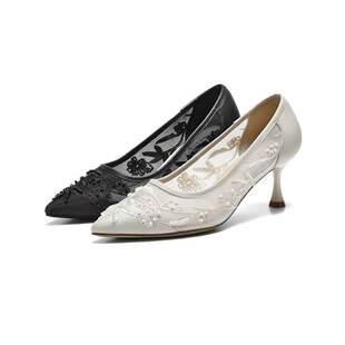 凉鞋 专柜正品 裸色婚鞋 女网纱刺绣绝美法式 子B3069AQ6 百丽2026夏款