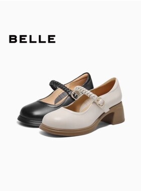 专柜正品百丽2025春款女鞋粗高跟玛丽珍鞋一字带浅口单鞋3A6A8AQ5