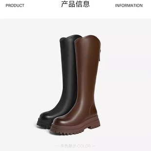 专柜正品 女可可西里厚底V口骑士靴高筒靴BV506DG4 百思图2024冬款