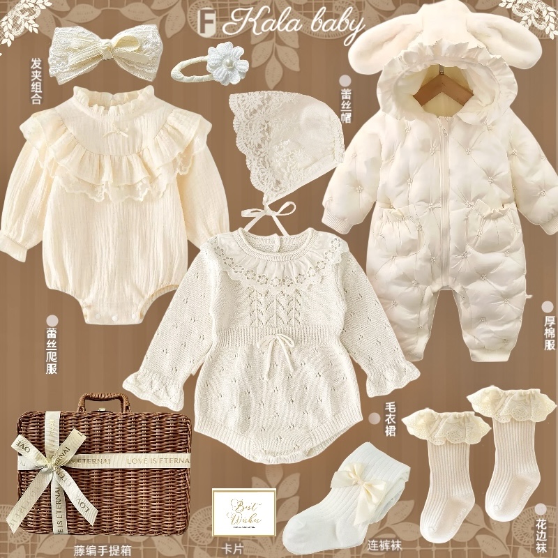 秋冬四季蕾丝裙新品女宝宝衣服礼服套装新生婴儿礼盒高档送礼礼物