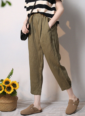 谷家 100%亚麻舒适透气8/9分直筒裤 夏季宽松休闲萝卜裤哈伦裤女