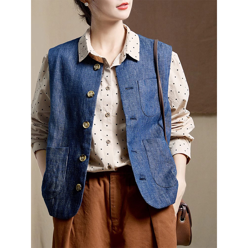 谷家 100%亚麻色织蓝百搭显瘦马甲背心 无袖通勤叠穿帅气外套女春