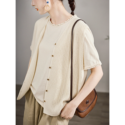 谷家 松驰百搭蚕丝棉镂空马甲背心 V领显瘦叠穿外搭无袖上衣女士