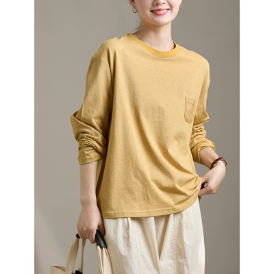 谷家 100%棉原创细条纹宽松长袖T恤  松驰感全棉落肩女士上衣新款