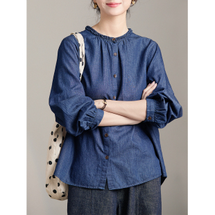 谷家 亚麻棉花边领文艺牛仔衬衫女 松弛感宽松休闲长袖打底上衣新