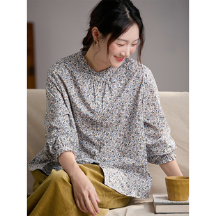 谷家 高密棉洋气花边领小碎花长袖衬衫 文艺复古印花上衣秋冬叠穿